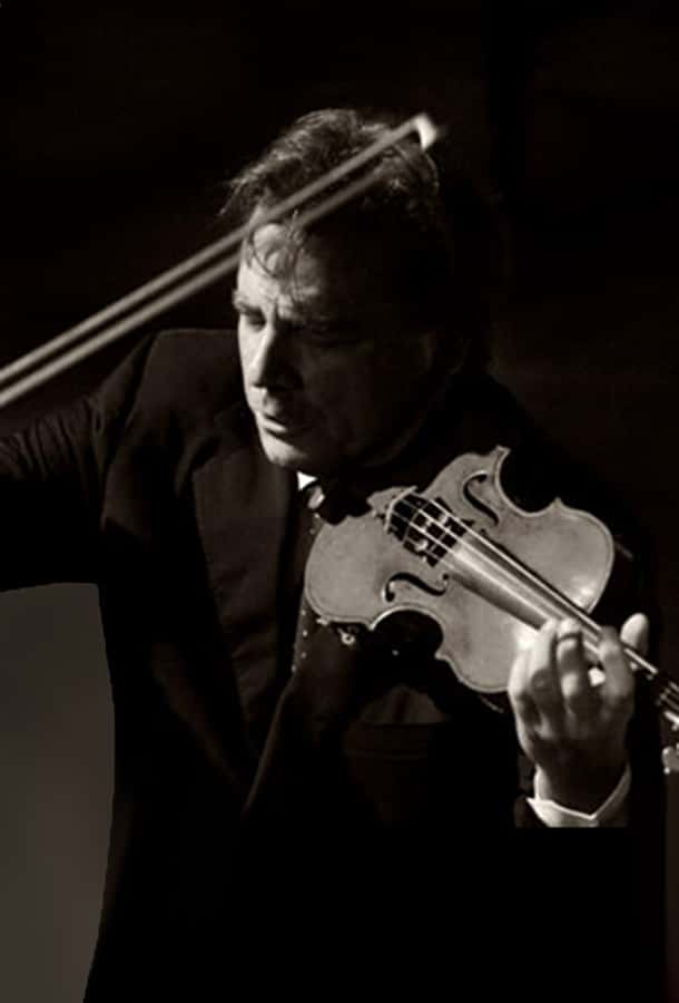 Robert McDuffie is pictured in black and white, wearing a suit and passionately playing his violin, his bow held high.