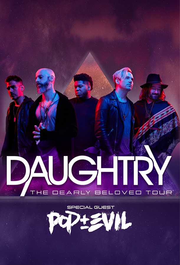 Daughtry The Dearly Beloved Tour with Special Guest Pop Evil, Band Members standing in a row in front of purple haze