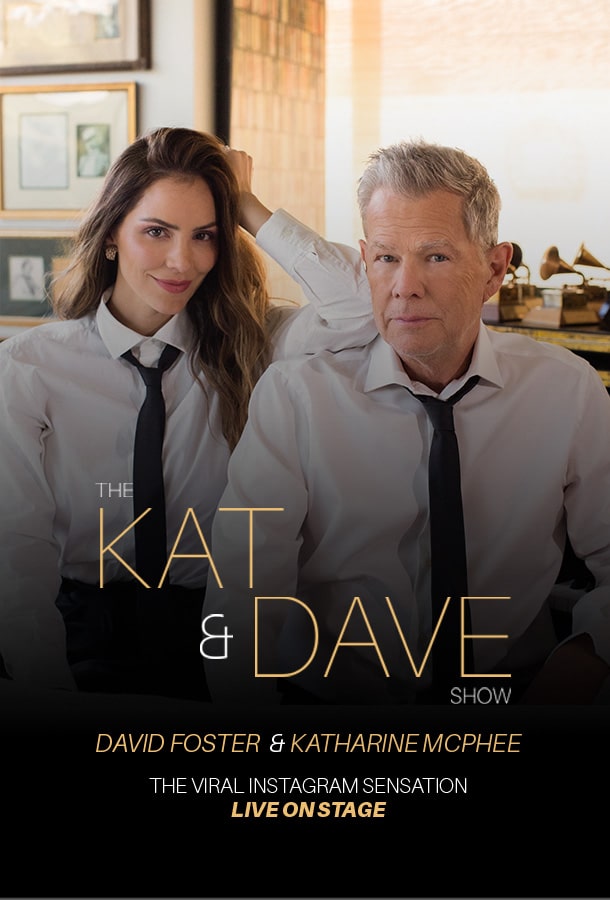 Katharine McPhee and David Foster in White button-down shirts with black ties above title card