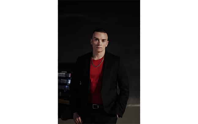 Cameron Carpenter Black sports coat, red shirt