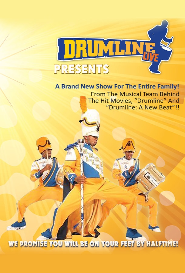 3 man in blue and yellow costume: two man holding drums and drumsticks. One in the middle holding