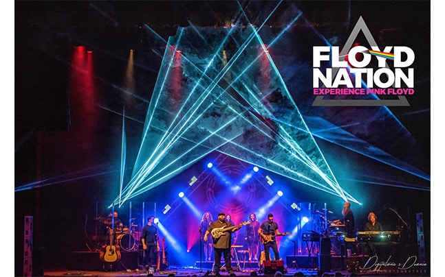 Floyd Nation: Experience Pink Floyd October 7 next to image of band on stage with many lights and haze playing to an excited audience
