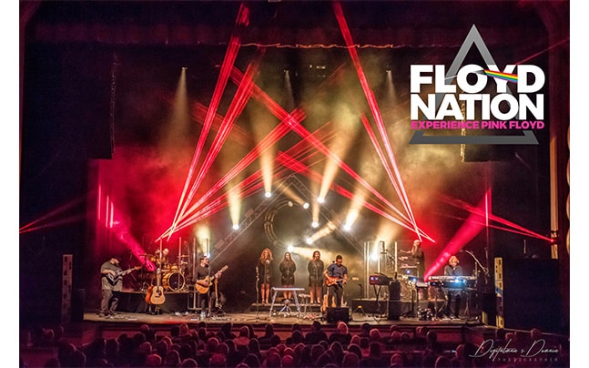 Floyd Nation: Experience Pink Floyd October 7 next to image of band on stage with many lights and haze playing to an excited audience