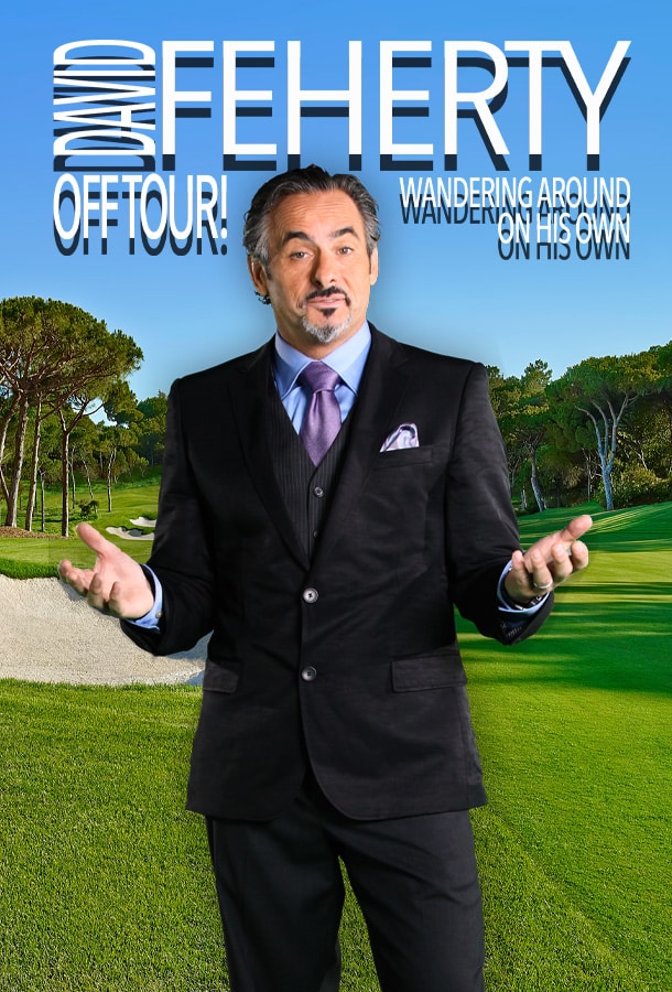 David Feherty with golf course back drop shrugging.