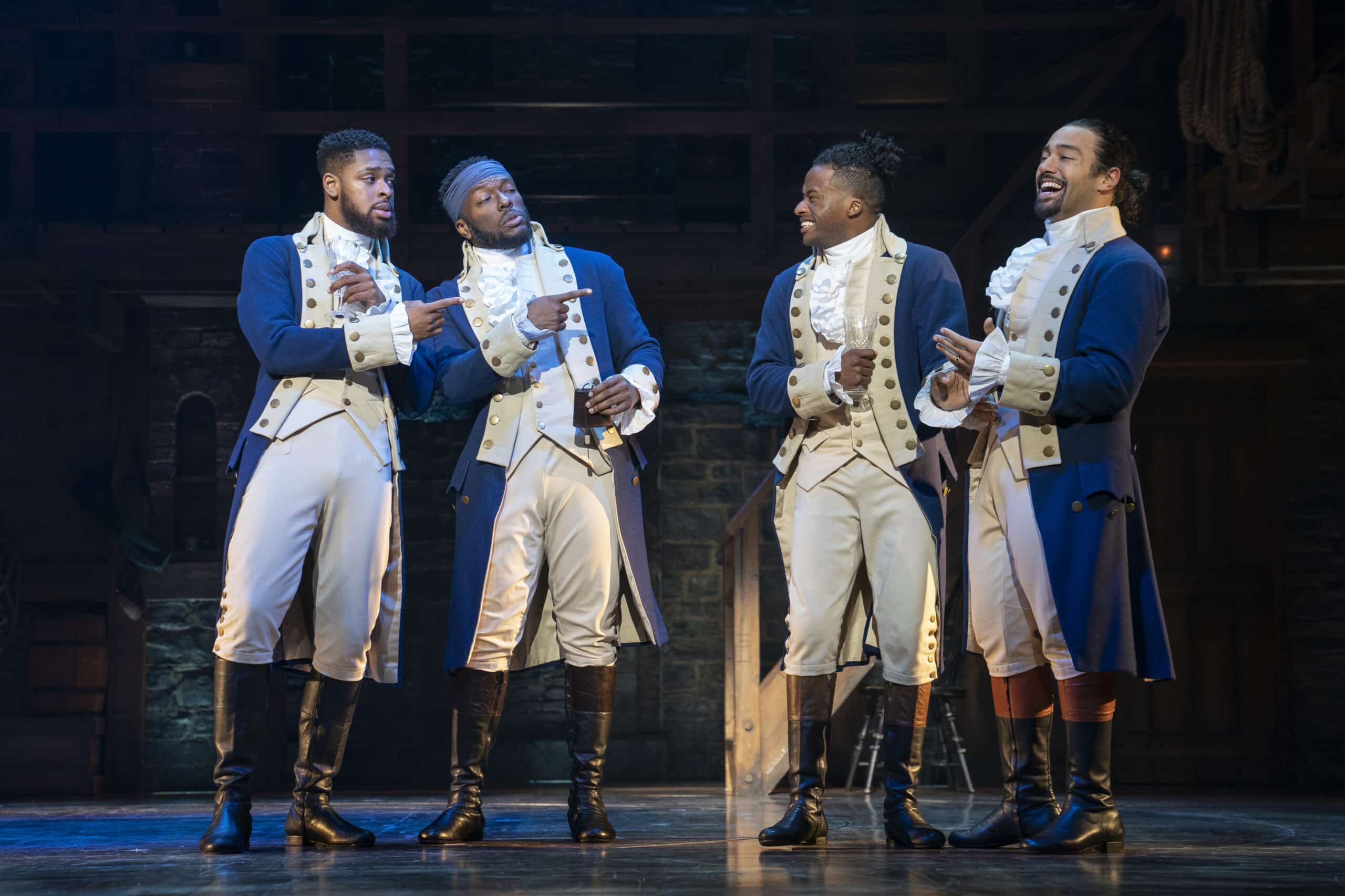 Lafayette, Mulligan, Laurens and Hamilton laughing together