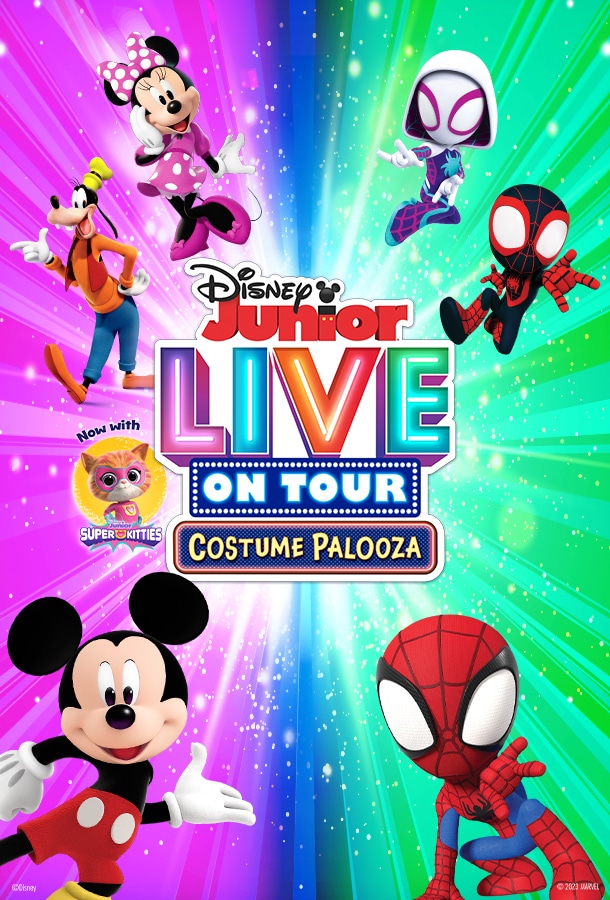 Disney Junior LIVE ON TOUR - Costume Palooza - Image depicts popular Disney characters such as Micky and Minnie Mouse, Goofy, and Marvel's Spidey and his Amazing Friends.