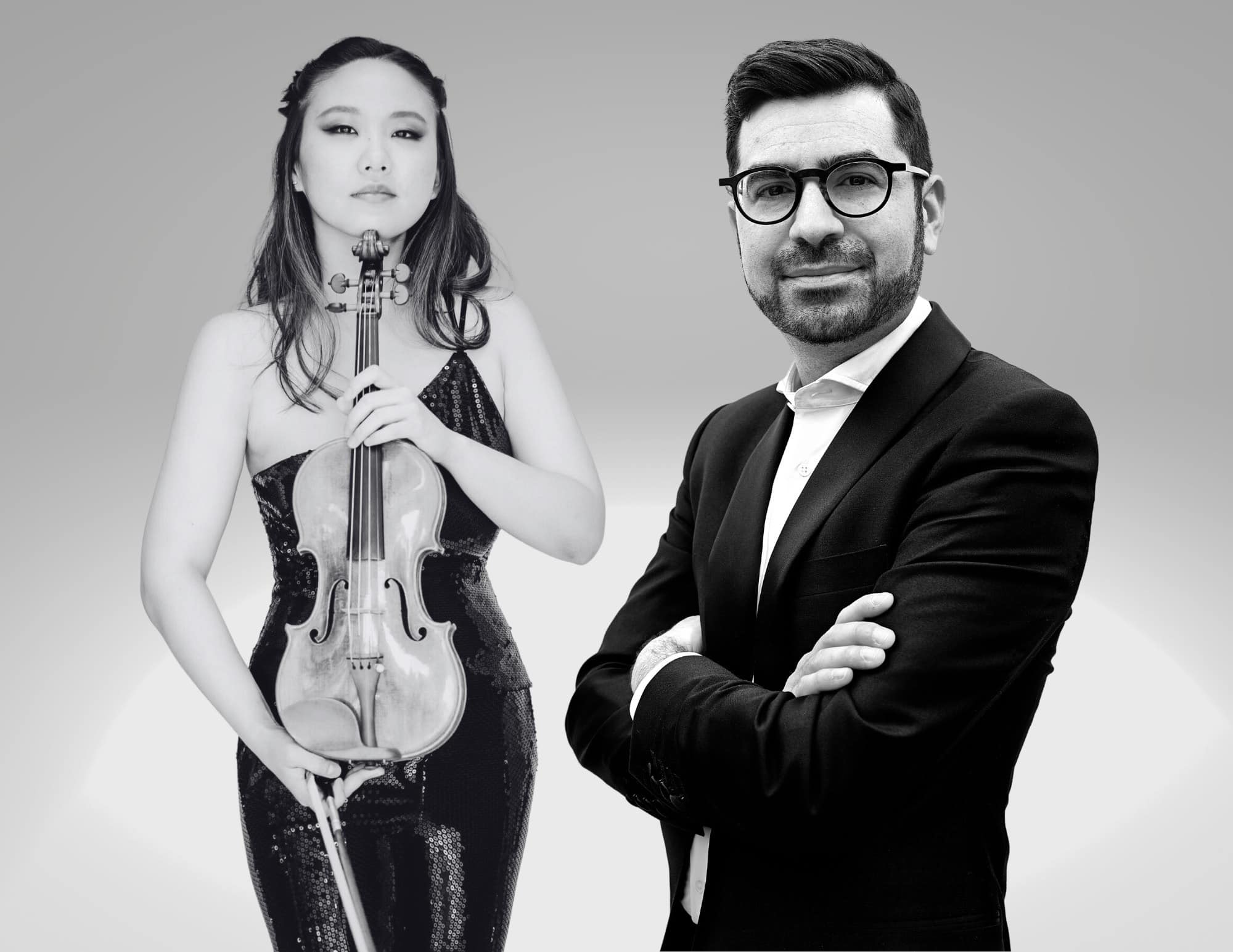 Stella Chen holding violin, Michael Stephen Brown with arms crossed.