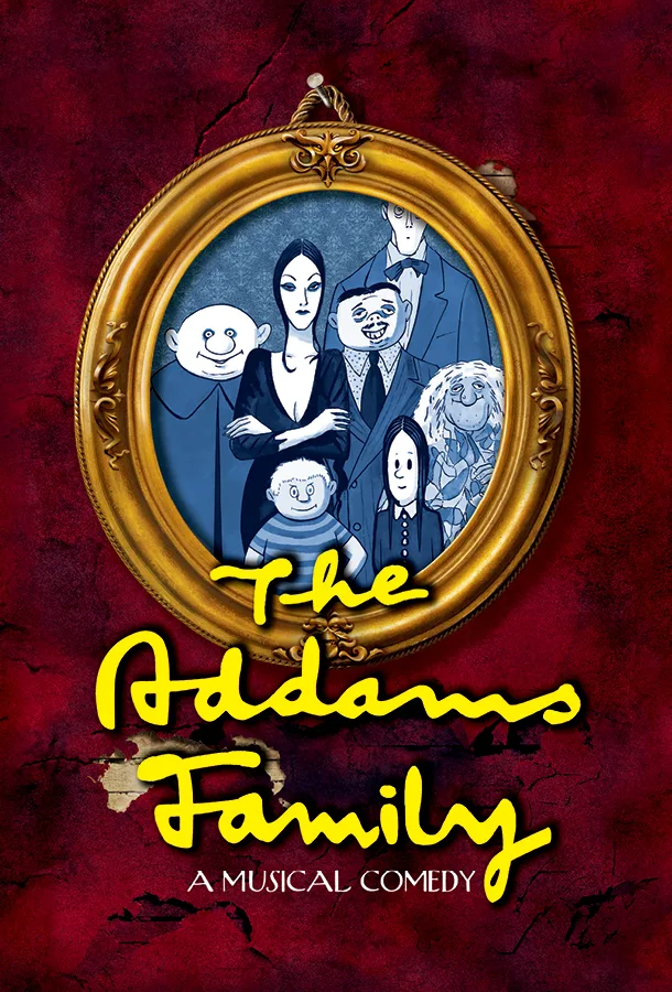 Portrait drawing of the Addams family in blue-scale with a gold frame and yellow text against a burgundy background which reads "The Addams Family"