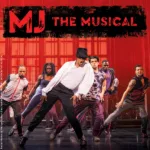 Red and black MJ The Musical logo with an image of Michael Jackson dancing with the ensemble popping shoulders.