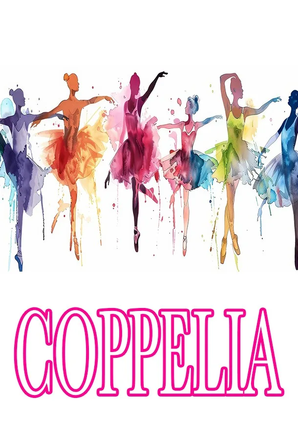 Watercolour rainbow ballerina drawings in various ballet positions over pink bubble letters Coppelia