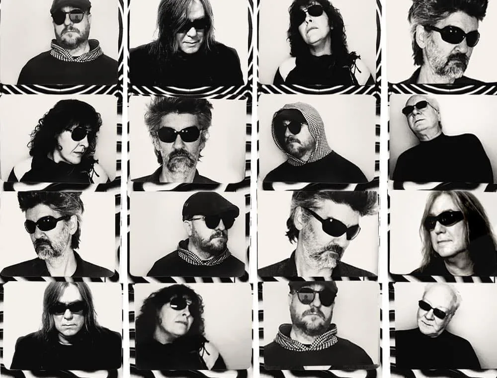 Black and white 4x4 image collage of the band members' individual photos wearing sunglasses and looking mysterious.