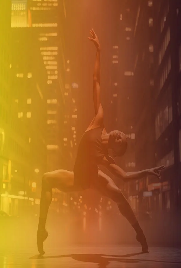 A dancer posing with toes pointed in a black leotard over a city scape with hazy orange and yellow ombre lighting.