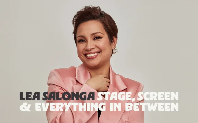 Lea Salonga wearing pink jacket with the words Lea Salonga stage, screen & everything in between.
