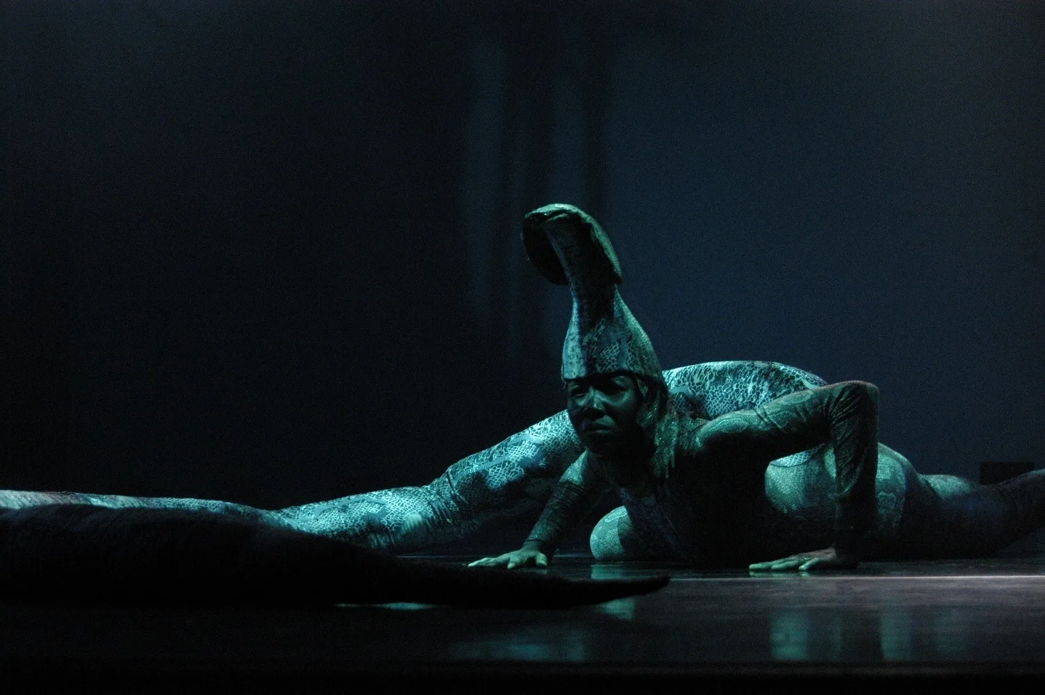 Dancer crouching on stage in costume with dark greenish light surrounding.