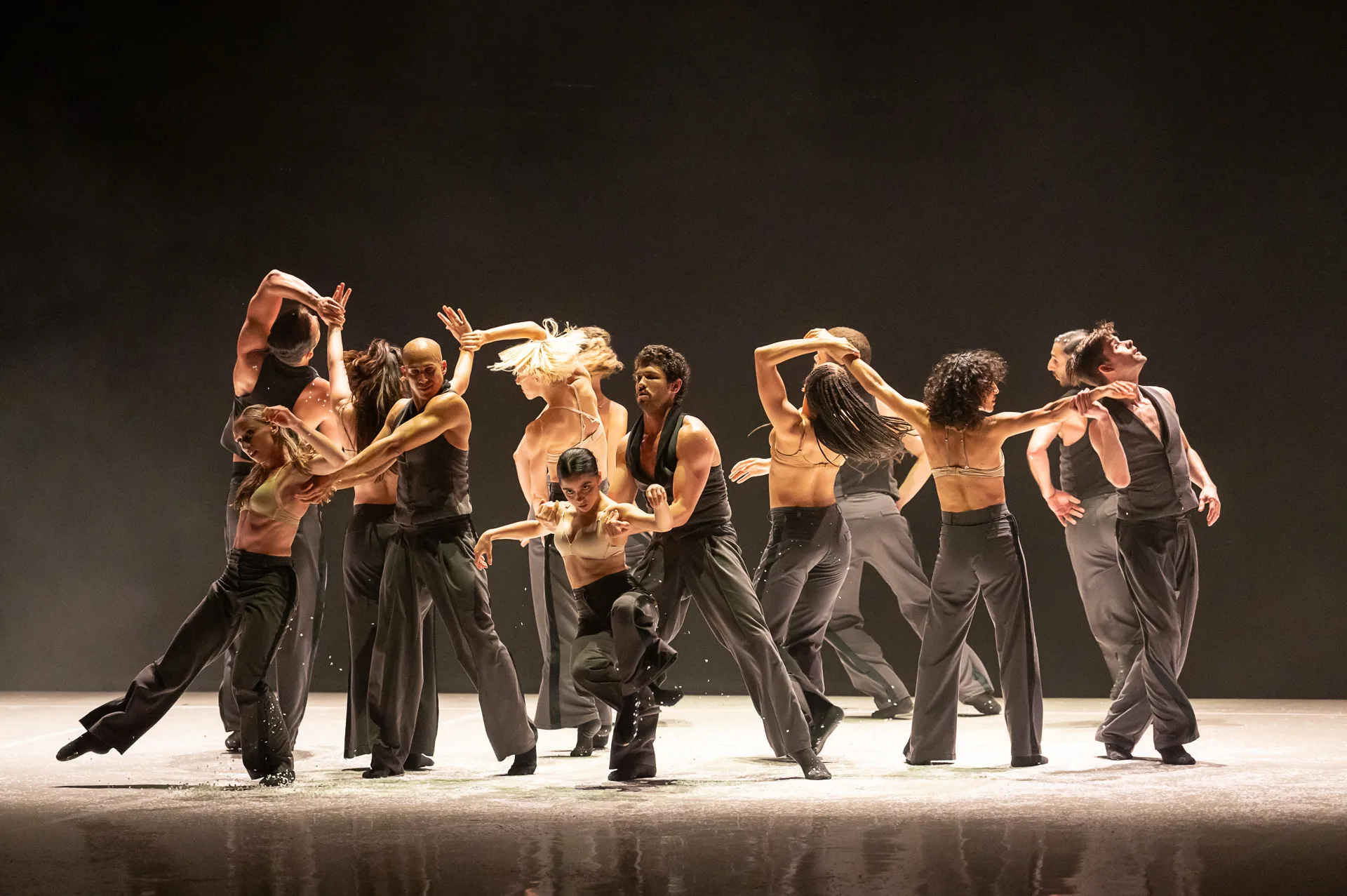The ballet company in black and gold posing differently in bright light.