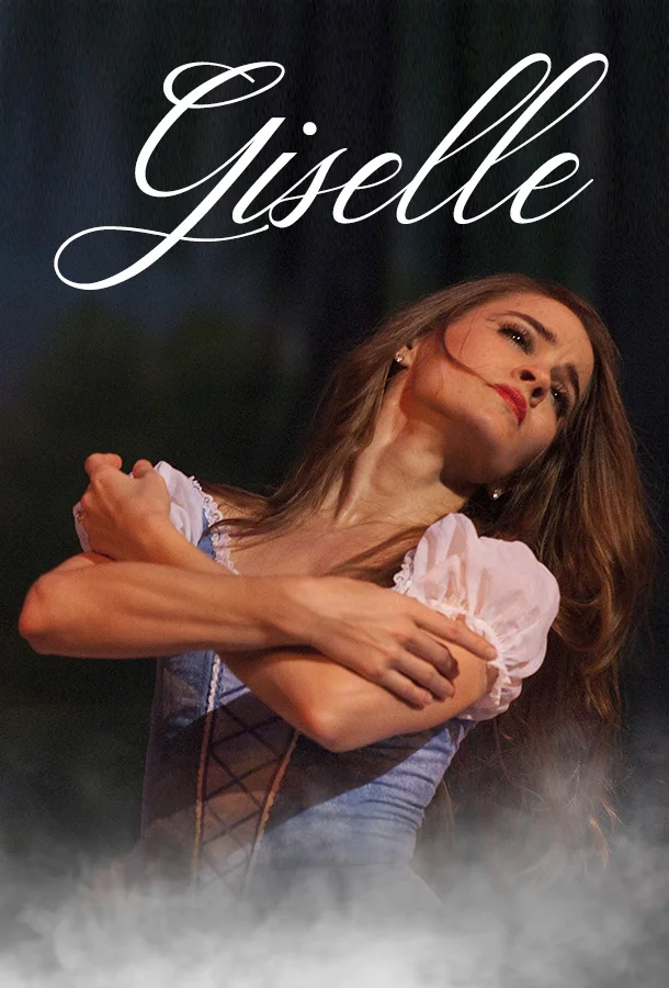Promotional image for 'Giselle' featuring a costumed figure with arms crossed and the title in elegant script.