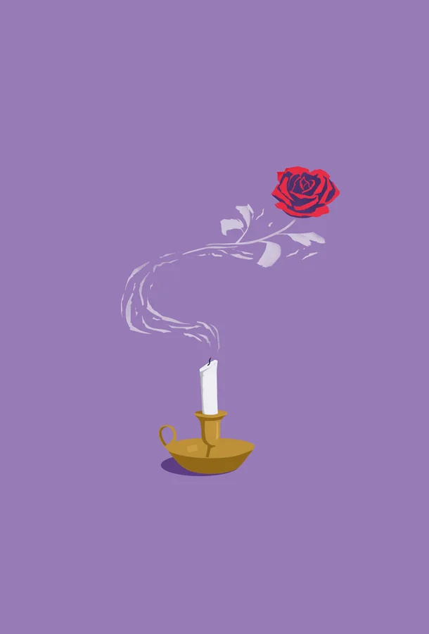 (c) Elia Sampò A lit candle in a golden holder emits white smoke that forms the shape of a rose, with detailed petals and leaves, set against a purple background.