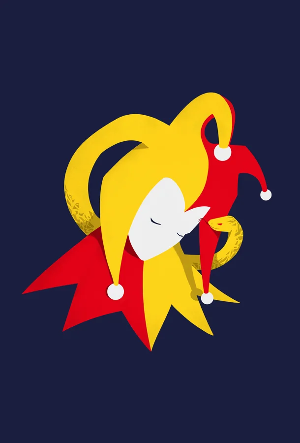 (c) Elia Sampò Abstract jester face with a white mask and a yellow and red two-pointed hat with white pom-poms, set against a dark blue background.