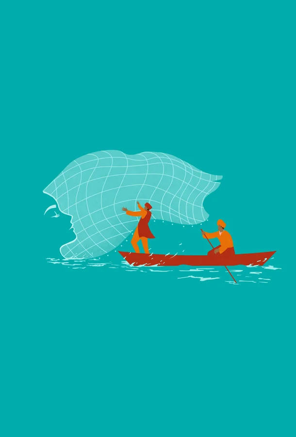 (c) Elia Sampò Two people in a small boat on teal water; one is standing and casting a large fishing net, while the other is sitting and rowing.