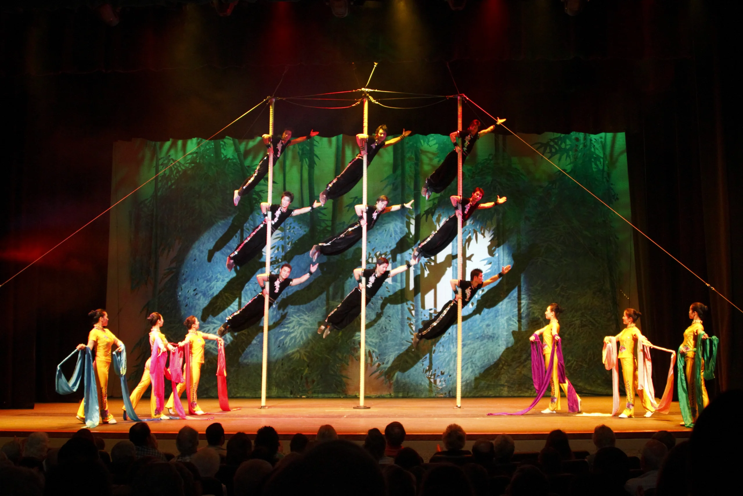 Stage performance with acrobats in black suspended horizontally on poles, and dancers in colorful costumes holding fabrics below, set against a forest backdrop.