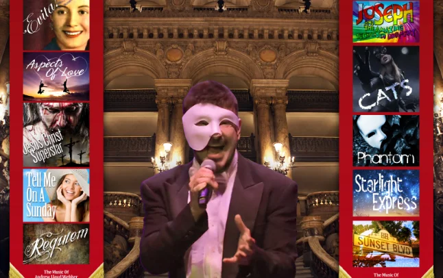 Phantom singer with show poster titles along his side.