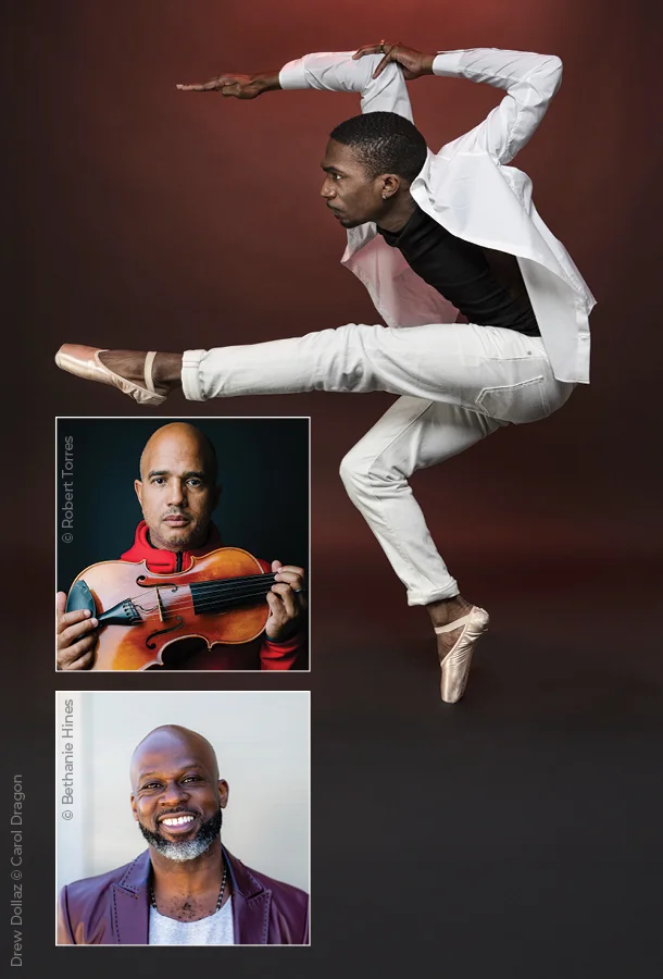 Composite image featuring three individuals: a dancer in mid-air wearing white attire and ballet shoes; a violinist against a dark background with the credit '© Robert Torres'; and a person in a purple jacket and white shirt against a light background with the credit '© Bethanie Hines'. Text at the bottom left reads 'Drew Dollaz Gerald Dragon