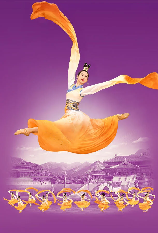 Dancer leaping in grand jete in traditional Chinese clothing over a pink background.