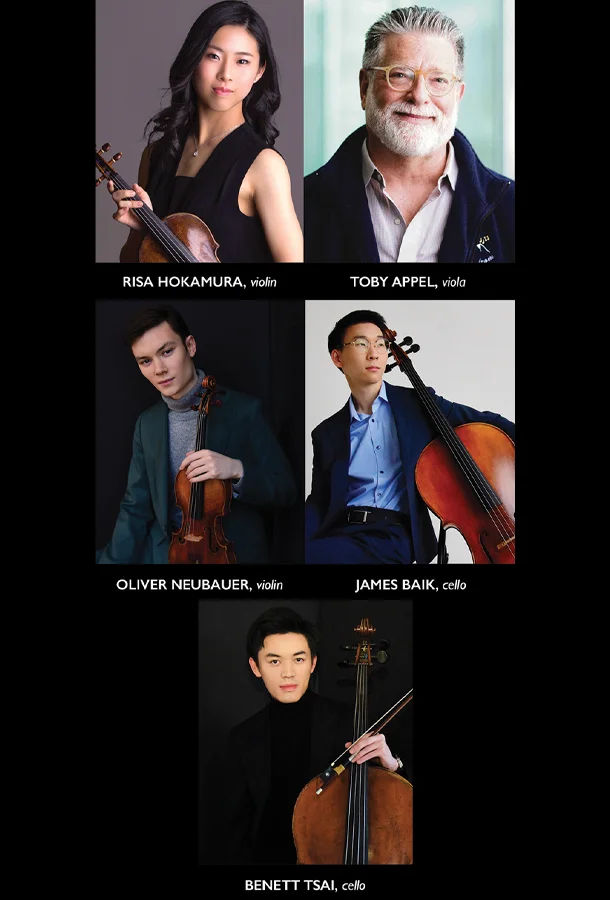Headshots of Risa Hokamura with her violin, Toby Appel smiling with glasses on, Oliver Neubauer with his violin resting on his knee, James Bank with his cello leaning on his shoulder, and Benett Tsai holding his cello and bow.