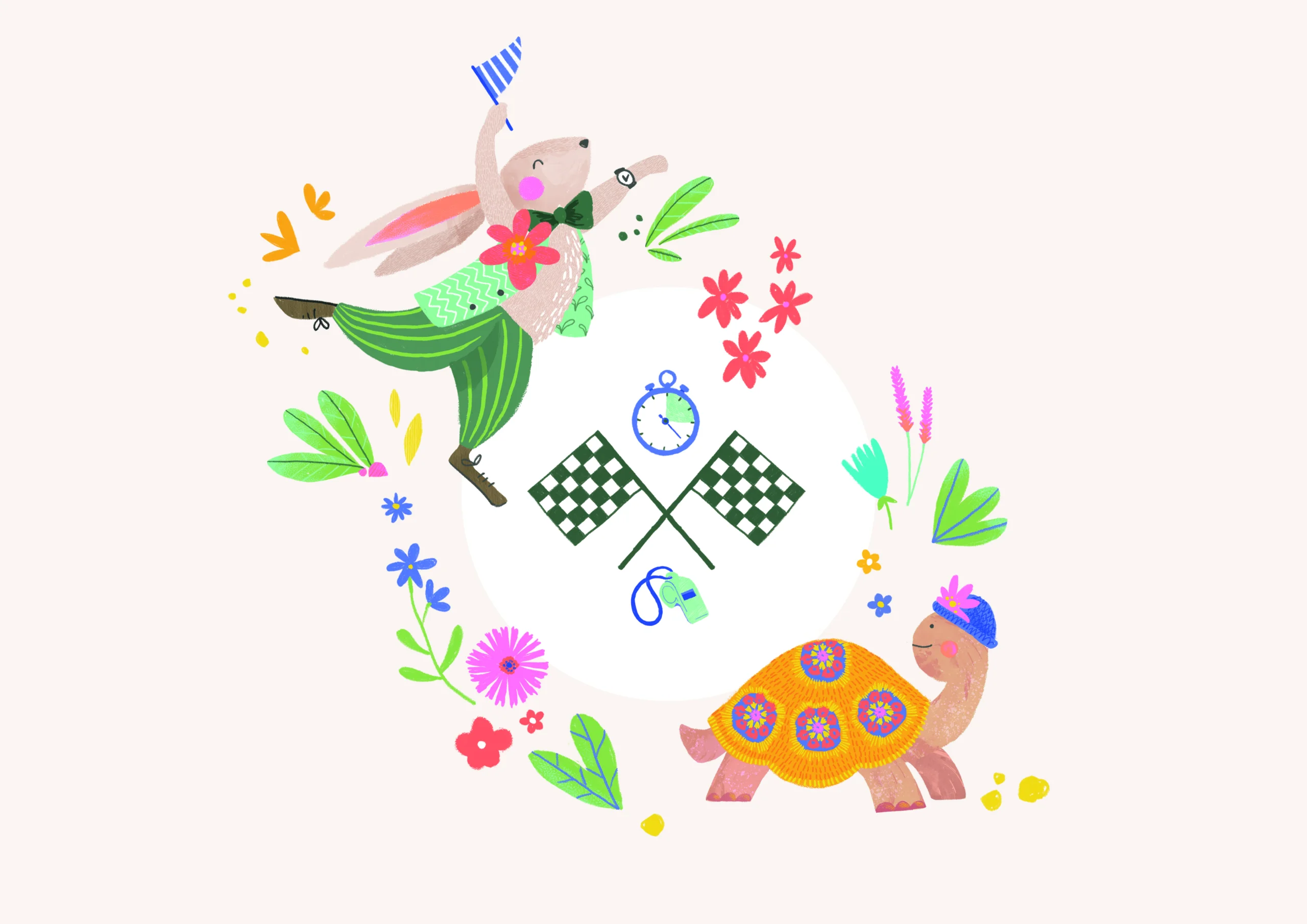 Illustration of a rabbit mid-jump wearing green pants and a bow tie, holding a blue-striped flag, and a turtle walking with flowers on its shell and a blue cap. Between them are crossed checkered flags, a stopwatch, and a whistle, surrounded by colorful flowers and leaves