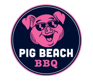 pig smiling with sunglasses and the words below "Pig Beach BBQ".