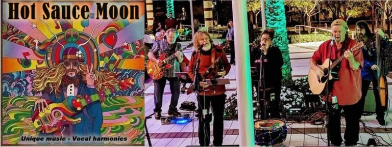 Hot Moon Sauce Band performing outside on the Plaza. To the left side is a large banner of the band.