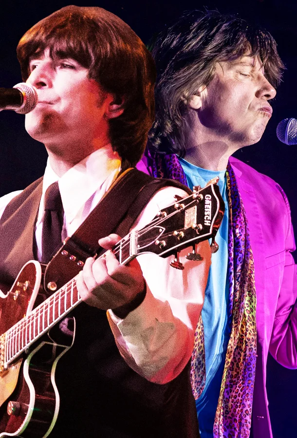 Production photos of The Beatles and The Rolling Stones in performing on stage.