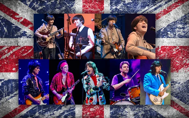 Production photos of The Beatles and The Rolling Stones in front of a British flag.