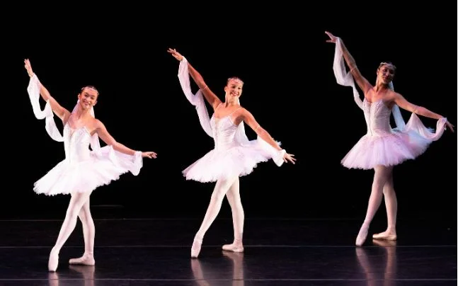 Three ballet dancers with tutu in pose.