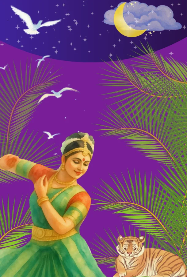 Illustration of a classical dancer in a green costume posed among palm leaves, with a tiger beside them under a purple, starry night sky with birds and a crescent moon.