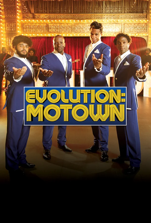 Motown tribute group performing live on stage in matching blue suits with Evolution Motown branding.