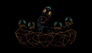 Glowing outlines of a duck and four ducklings inside a nest are illuminated against a black background, creating a neon-style stage image.
