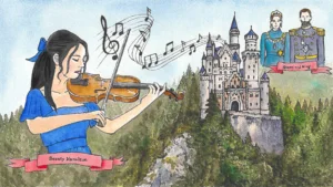 Illustration of a violinist, a castle and royal figures inspired by Sleeping Beauty.
