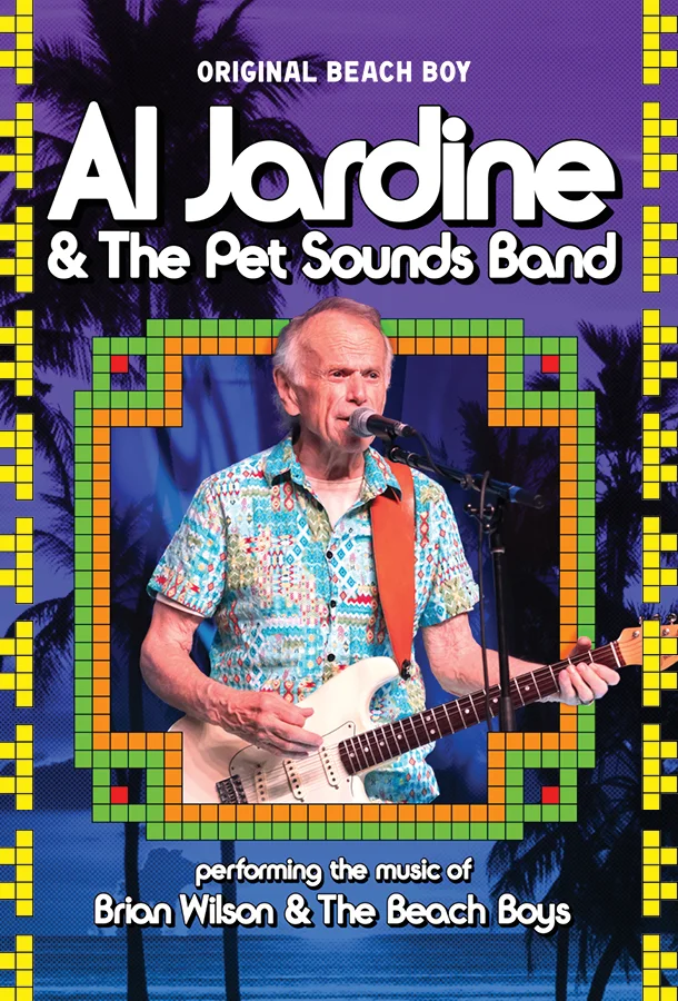 Al Jardine & The Pet Sounds Band featuring a live performance image and tropical beach-themed graphics.