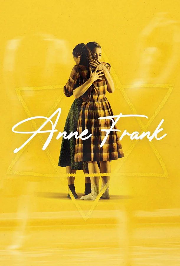 Text reads "Anne Frank" with two girls hugging in the middle of a yellow background with a Star of David.