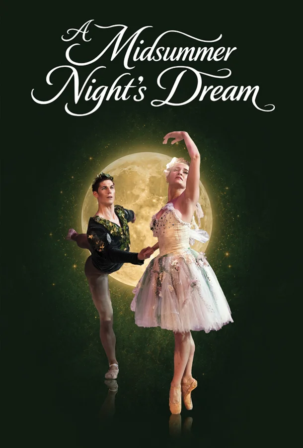 Text reads "A Midsummer Night's Dream" with two ballerinas posing in front of a yellow moon.