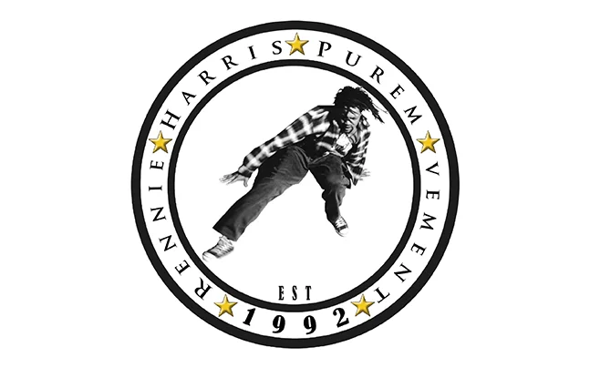 Rennie Harris Puremovement circular logo featuring a dancer in midair, gold stars, and the text “Rennie Harris Puremovement, Est. 1992.