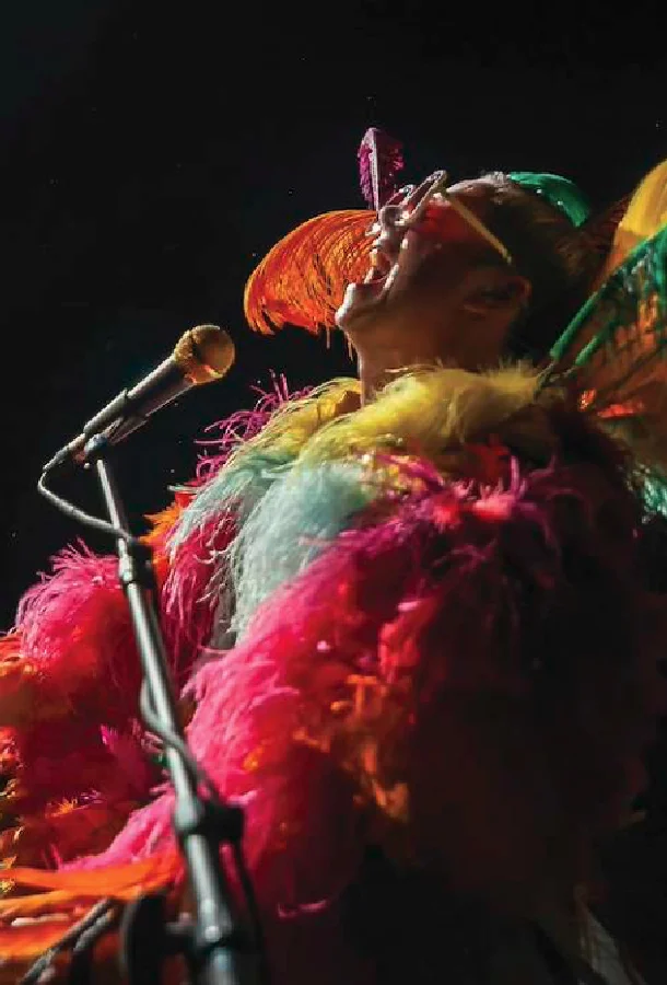 Man dressed in colorful outfit singing.
