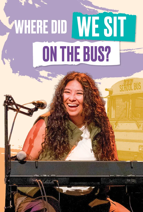 Where Did We Sit on the Bus? promotional banner featuring a performer at a keyboard with a school bus illustration.