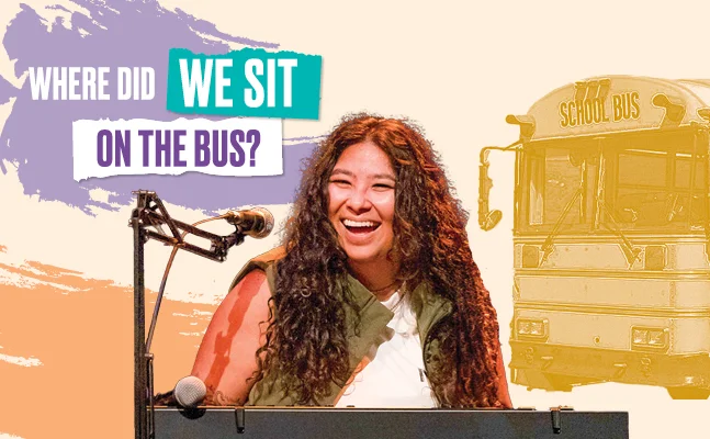Where Did We Sit on the Bus? promotional banner featuring a performer at a keyboard with a school bus illustration.